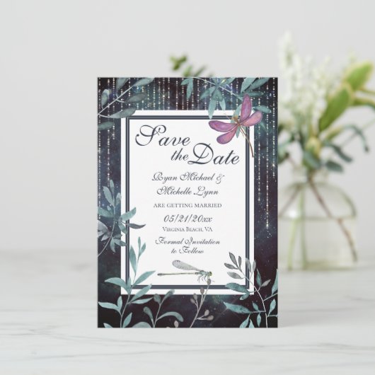 Dragonflies en Liights Evening Garden Wedding Save The Date (Staand voorkant)