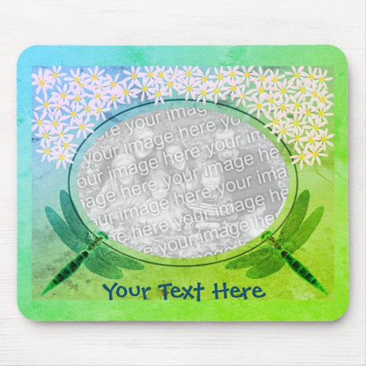 Dragonflies en roze Daisy Flowers Foto Lijst Muismat (Voorkant)