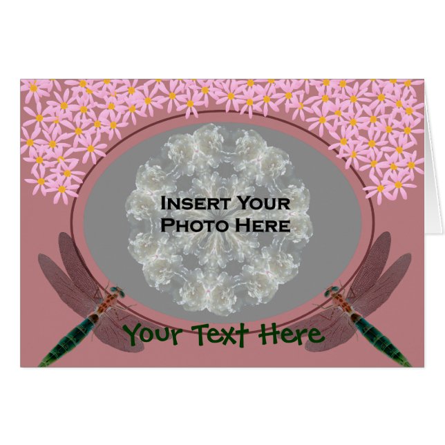 Dragonflies en roze Daisy Flowers Fotokaart (Voorkant Horizontaal)