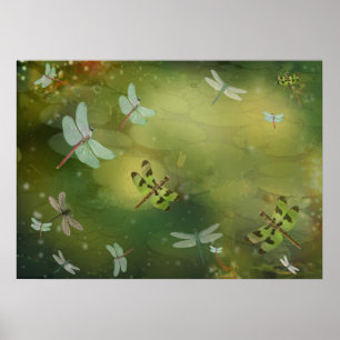 Dragonflies en Water Lillies Artwork Poster