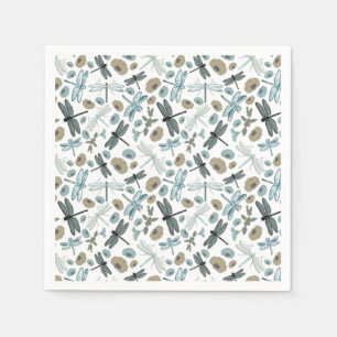 Dragonflies Flowers Blues Gray Pattern Servet