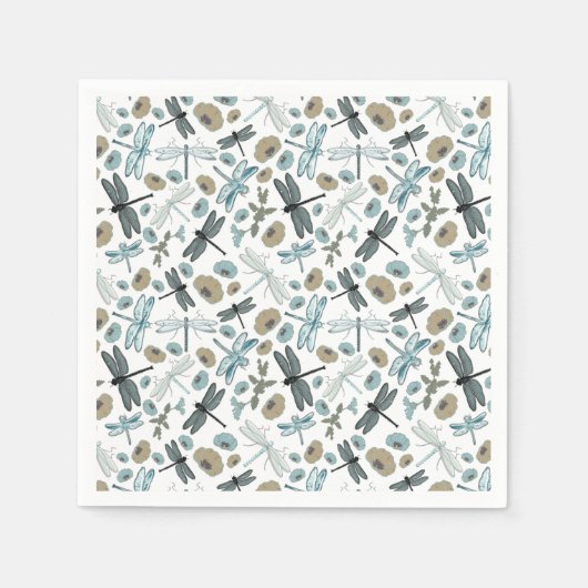 Dragonflies Flowers Blues Gray Pattern Servet (Voorkant)