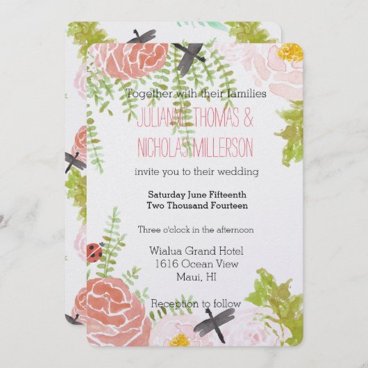 Dragonflies Rozen Waterverf Tuin Bruiloft Kaart (Voorkant / Achterkant)