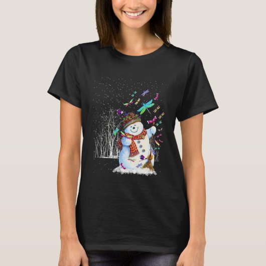Dragonflies Snowman Scarf Christmas Tree Forest Wi T-shirt (Voorkant)