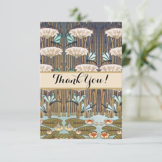 Dragonflies Water Lelies Marsh Art Nouveau Bedankkaart (Staand voorkant)