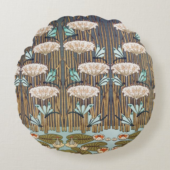 Dragonflies Water Lelies Marsh Art Nouveau Rond Kussen (Voorkant)