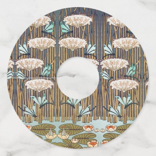 Dragonflies Water Lelies Marsh Art Nouveau Wijnglaslabel (Voorkant)