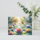 Dragonfly Above Pond Watercolor Briefkaart (Staand voorkant)