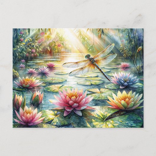 Dragonfly Above Pond Watercolor Briefkaart (Voorkant)