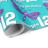 Dragonfly art aqua, leeftijdsnaam 12e verjaardag cadeaupapier (Rol Hoek)