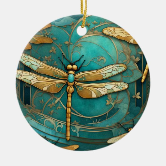 Dragonfly Art Nouveau Art Deco Blauwgroen & Gouden Keramisch Ornament (Voorkant)