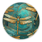 Dragonfly Art Nouveau Art Deco Blauwgroen & Gouden Keramische Knop (Voorkant)