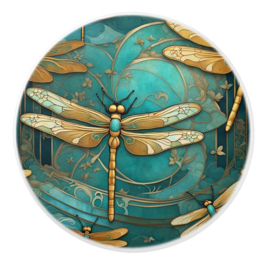 Dragonfly Art Nouveau Art Deco Blauwgroen & Gouden Keramische Knop (Voorkant)