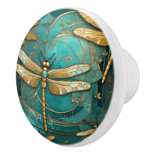 Dragonfly Art Nouveau Art Deco Blauwgroen & Gouden Keramische Knop (Rechts)