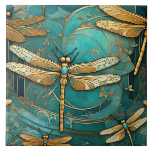 Dragonfly Art Nouveau Art Deco Blauwgroen & Gouden Tegeltje (Voorkant)