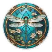 Dragonfly Art Nouveau Deco Aqua Blue Glas in lood Keramische Knop (Voorkant)