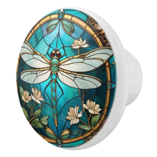 Dragonfly Art Nouveau Deco Aqua Blue Glas in lood Keramische Knop (Rechts)