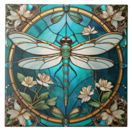 Dragonfly Art Nouveau Deco Aqua Blue Glas in lood Tegeltje