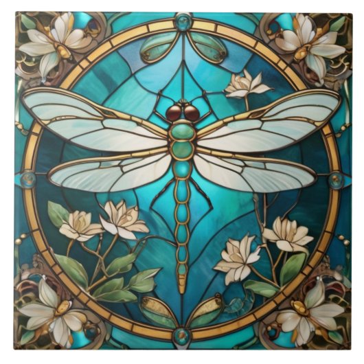 Dragonfly Art Nouveau Deco Aqua Blue Glas in lood Tegeltje (Voorkant)