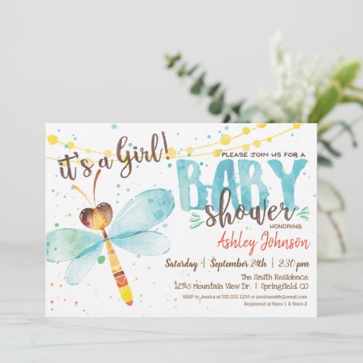 Dragonfly Baby shower uitnodiging, Meisje Kaart (Staand voorkant)