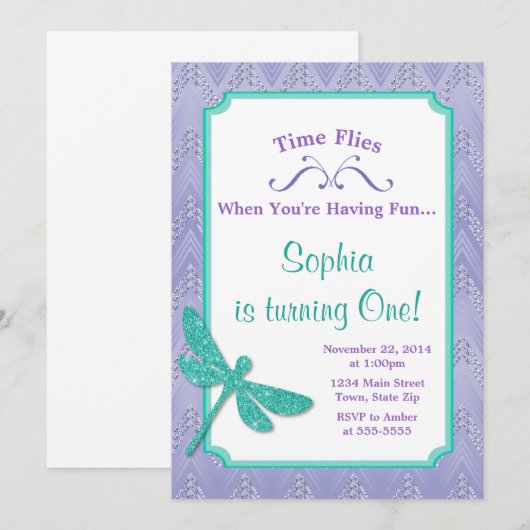 Dragonfly Birthday Uitnodiging Roze Glitter Girl (Voorkant / Achterkant)