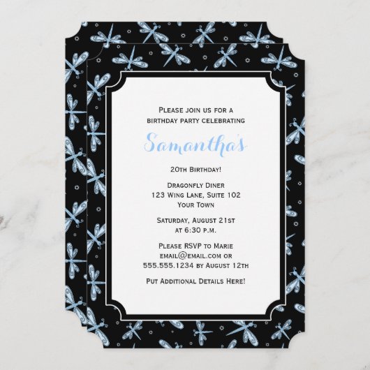 Dragonfly Black en Blue Birthday Party Kaart (Voorkant / Achterkant)