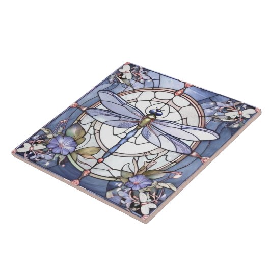 Dragonfly Blauw en Wit Glas in lood Bloem Tegeltje (Zijkant)