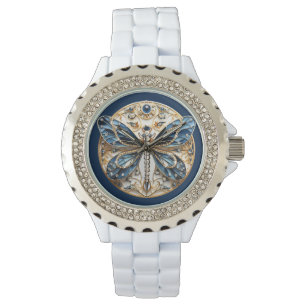 Dragonfly Blauw Wit Zwart Goud Diamant Saffier Horloge