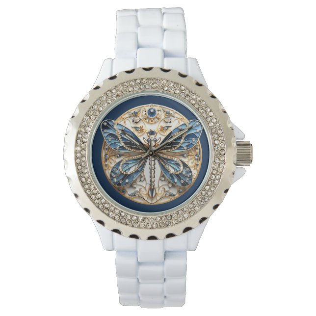 Dragonfly Blauw Wit Zwart Goud Diamant Saffier Horloge (Voorkant)