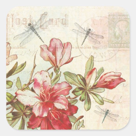 Dragonfly  Bloemen Rode Bloemen Azalea's Vierkante Sticker (Voorkant)