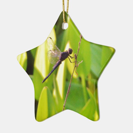 Dragonfly Blue en zwart op gras. Keramisch Ornament (Links)