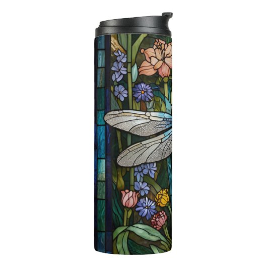 Dragonfly boho floral botanical stain glass thermosbeker (Gedraaid links)