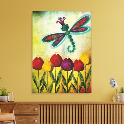 Dragonfly boven tulpen canvas afdruk (Insitu (Woonkamer))