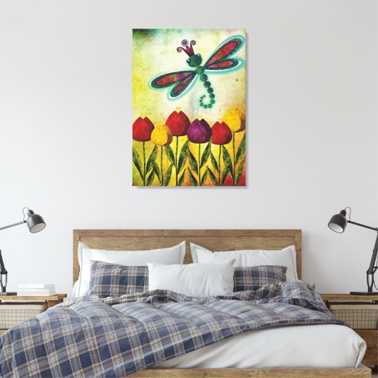 Dragonfly boven tulpen canvas afdruk (Insitu (Slaapkamer))