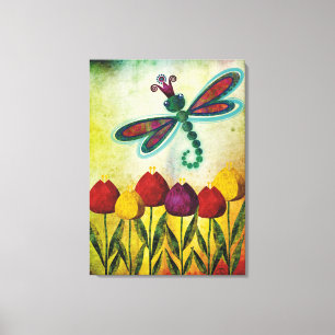 Dragonfly boven tulpen canvas afdruk