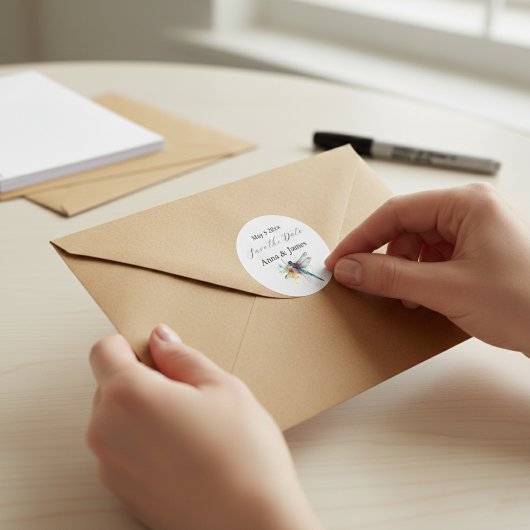 Dragonfly bruiloft save the date sticker