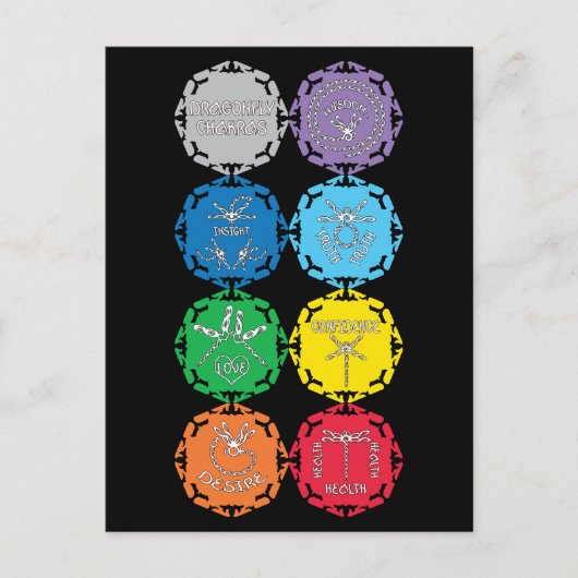 Dragonfly Chakras White Text Design Briefkaart (Voorkant)