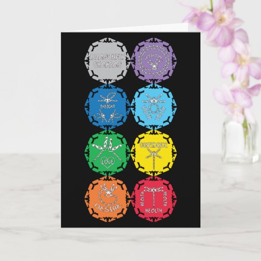 Dragonfly Chakras White Text Design Kaart (Orchidee)