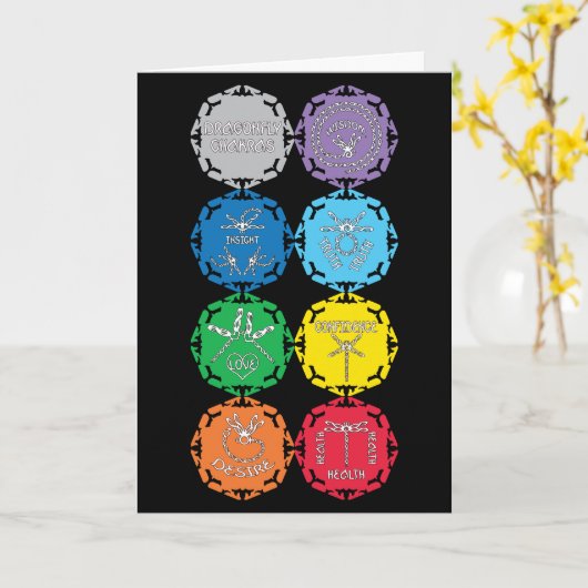 Dragonfly Chakras White Text Design Kaart (Gele Bloem)