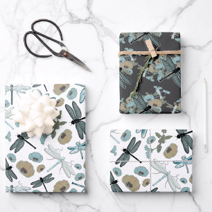 Dragonfly Chic Stylish Flowers Blue Grey Gold Inpakpapier Vel