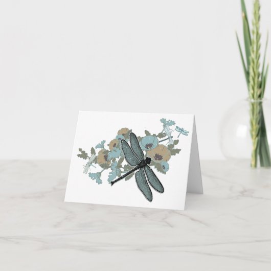 Dragonfly Chic Stylish Flowers Blues Grey Gold Bedankkaart (Voorkant)