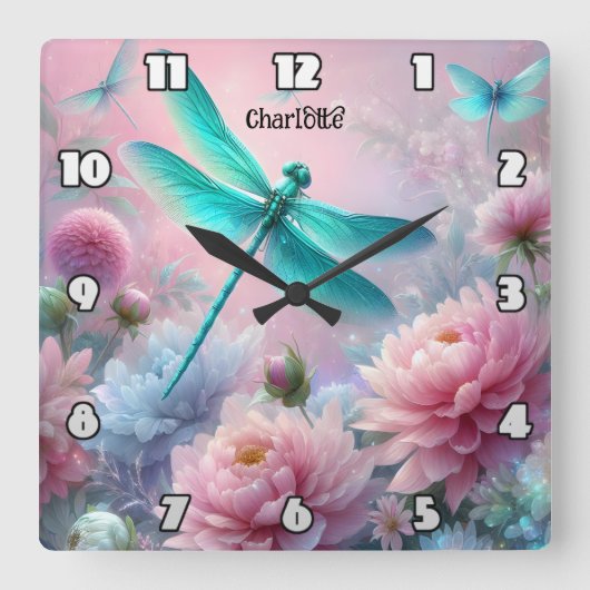 Dragonfly Dreams: Bloemrijk, etherisch, pastel Vierkante Klok (Voorkant)
