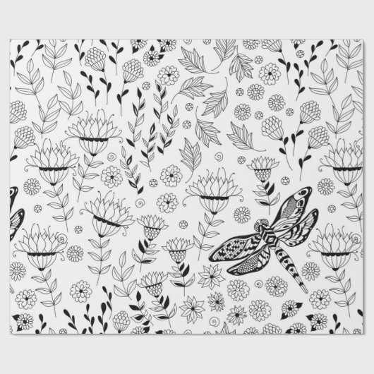 Dragonfly en bloemen cadeaupapier (Vlak)