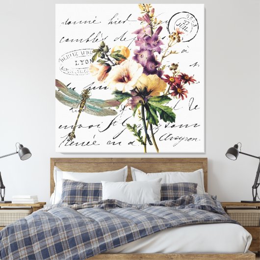 Dragonfly en bloemen canvas afdruk (Insitu (Slaapkamer))