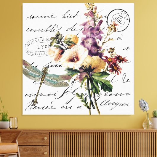 Dragonfly en bloemen canvas afdruk (Insitu (Woonkamer))