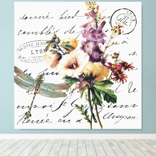 Dragonfly en bloemen canvas afdruk (Insitu (Houten vloer))