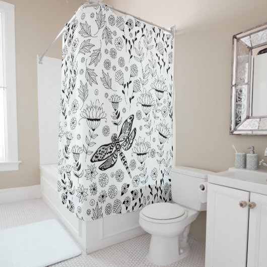 Dragonfly en bloemen douchegordijn (In situ)