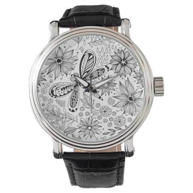 Dragonfly en bloemen horloge (Voorkant)