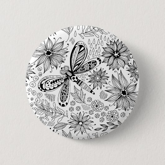 Dragonfly en bloemen ronde button 5,7 cm (Voorkant)