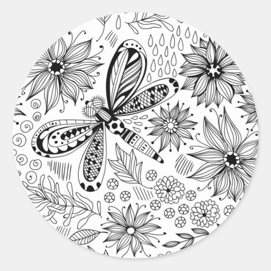 Dragonfly en bloemen ronde sticker (Voorkant)